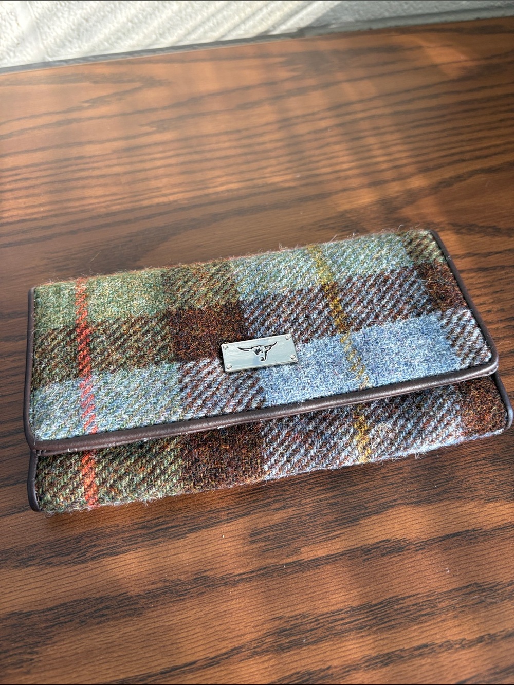 Plaid Wool Clutch Wallet - Blue, Brown & Green